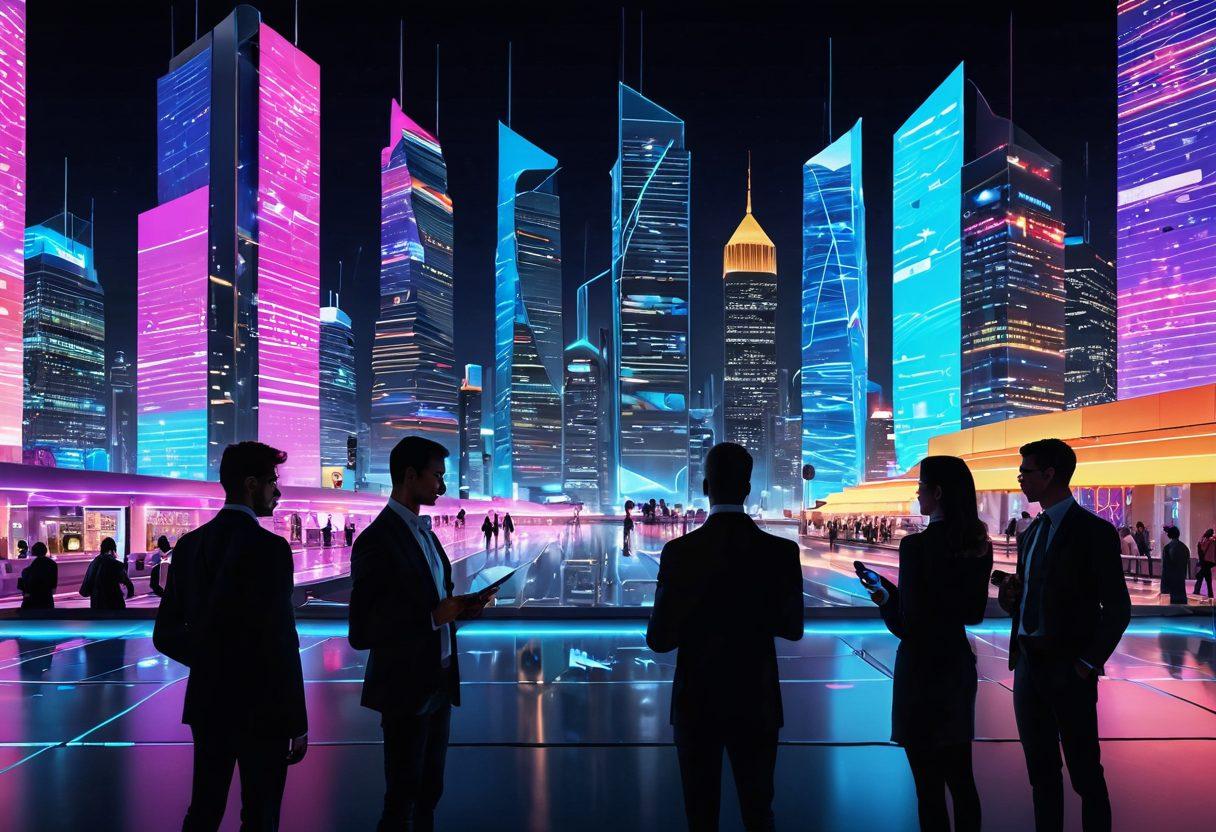 A futuristic digital cityscape showcasing various e-payment methods like mobile wallets and contactless payments. Include people of diverse backgrounds making transactions using smartphones and smart devices, with holographic interfaces displaying transaction data. The skyline features sleek, modern architecture bathed in bright neon lights, symbolizing innovation and growth in fintech. super-realistic. vibrant colors. 3D.