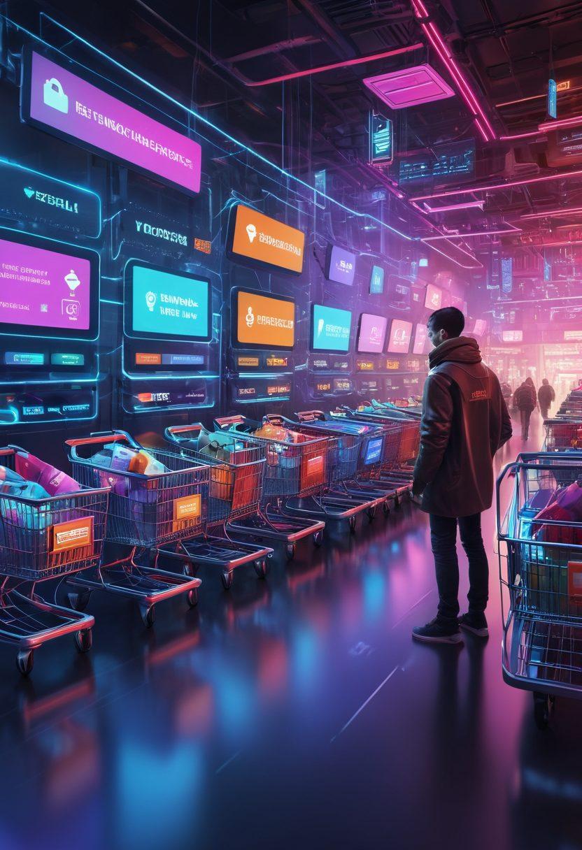 A visually compelling scene depicting a futuristic digital marketplace with online shoppers using various payment methods including digital wallets. Brightly lit graphics illustrating seamless transactions, with highlighted elements such as shopping carts and icons of popular digital wallets floating around. The background features a blend of technology and commerce motifs, creating a sense of innovation and efficiency. vibrant colors. cyberpunk. 3D.