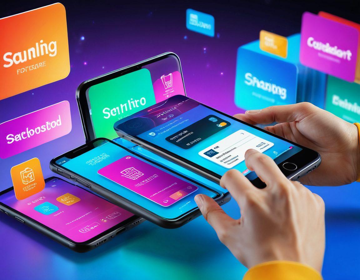 A modern online store interface showcasing a customer happily using a digital wallet on their smartphone. A holographic interface displaying various payment options floats around them. The background features shopping carts and samples of products with a futuristic theme. Bright, engaging colors to emphasize the digital aspect and a seamless shopping experience. super-realistic. vibrant colors. 3D.